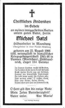Moosburg Sterbebildchen Michael Satzl, 1946