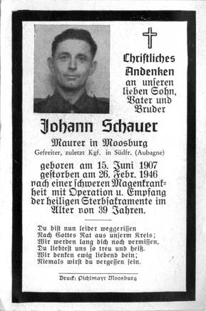 Moosburg Sterbebildchen Johann Schauer, 1946