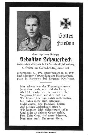 Moosburg Sterbebildchen Sebastian Schauerbeck, 1944