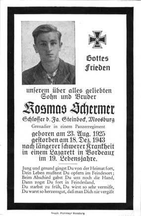 Moosburg Sterbebildchen Kosmas Schermer, 1943