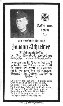 Moosburg Sterbebildchen Johann Schreiner, 1943