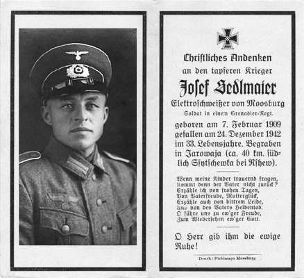Moosburg Sterbebildchen Josef Sedlmaier, 1942