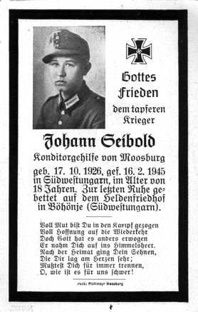 Moosburg Sterbebildchen Johann Seibold, 1945