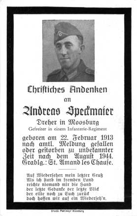 Moosburg Sterbebildchen Andreas Speckmaier, 1944