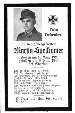 Moosburg Sterbebildchen Martin Speckmaier, 1943
