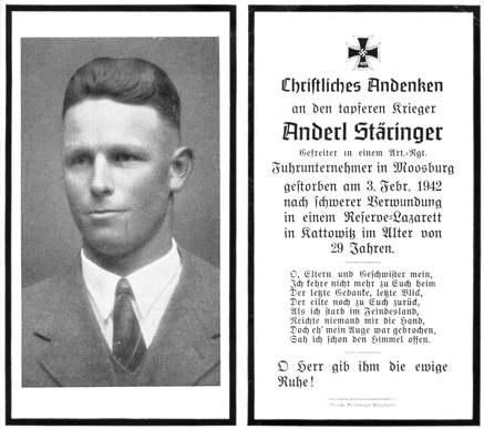 Moosburg Sterbebildchen Anderl St�ringer, 1942