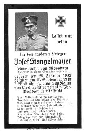 Moosburg Sterbebildchen Josef Stangelmayer, 1943