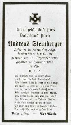Moosburg Sterbebildchen Andreas Steinberger, 1942