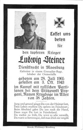 Moosburg Sterbebildchen Ludwig Steiner, 1943