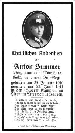 Moosburg Sterbebildchen Anton Summer, 1941