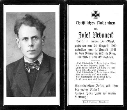 Moosburg Sterbebildchen Josef Urbaneck, 1941