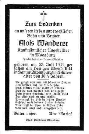 Moosburg Sterbebildchen Alois Wanderer, 1944