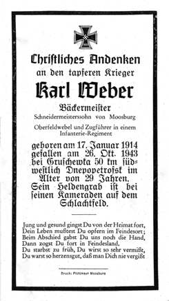 Moosburg Sterbebildchen Karl Weber, 1943