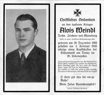 Moosburg Sterbebildchen Alois Weindl, 1943