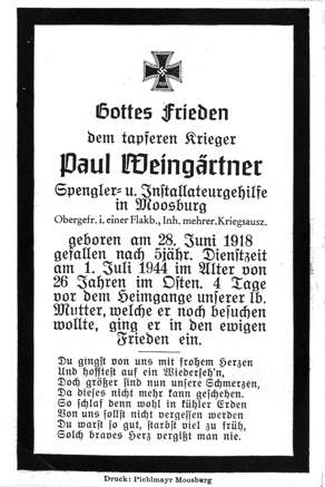 Moosburg Sterbebildchen Paul Weng�rtner, 1944