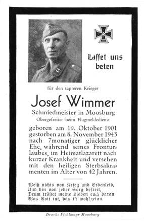 Moosburg Sterbebildchen Josef Wimmer, 1943