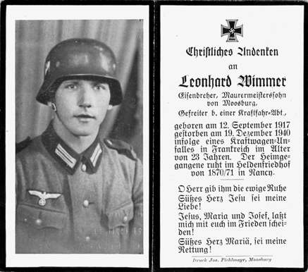 Moosburg Sterbebildchen Leonhard Wimmer, 1940