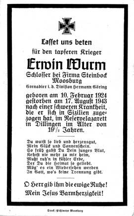 Moosburg Sterbebildchen Erwin Wurm, 1943