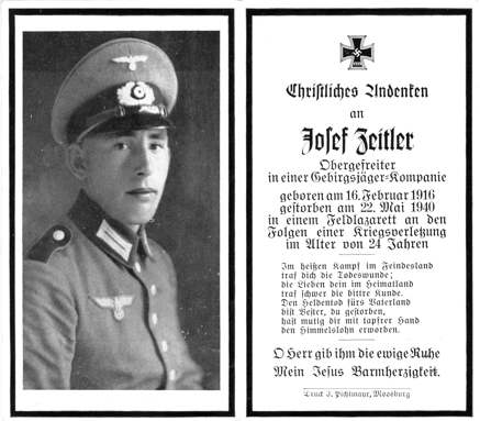 Moosburg Sterbebildchen Josef Zeitler, 1940