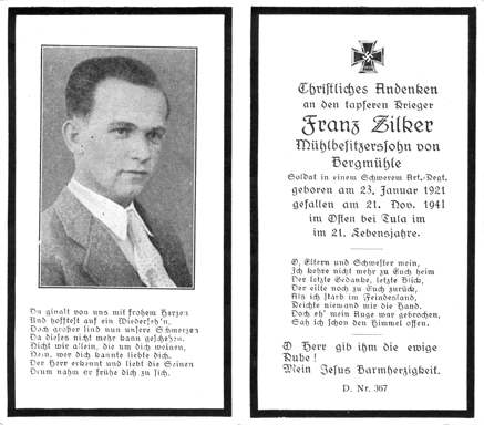 Moosburg Sterbebildchen Franz Zilker, 1941