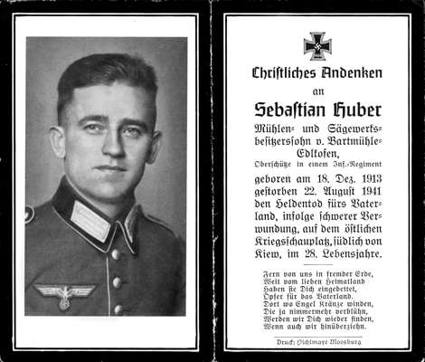 Sterbebildchen Sebastian Huber *18.12.1913 †22.08.1941