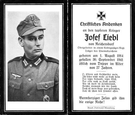 Sterbebildchen Josef Liebl *01.08.1914 †30.09.1941