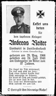 Sterbebildchen Andreas Reiter *29.08.1906 †24.07.1943