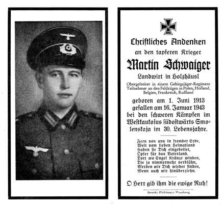Sterbebildchen Martin Schwaiger *01.06.1913 †16.01.1943