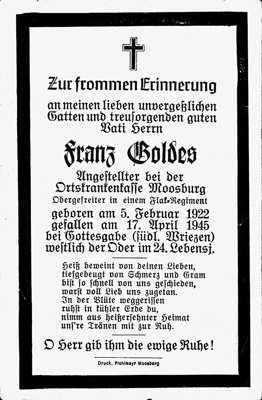 Sterbebildchen Franz Goldes *05.02.1922 †17.04.1945