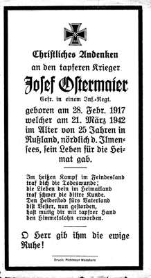 Sterbebildchen Josef Ostermaier *28.02.1917 †21.03.1942