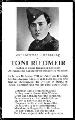 Sterbebildchen Toni Riedmeir *1925 †19.02.1944