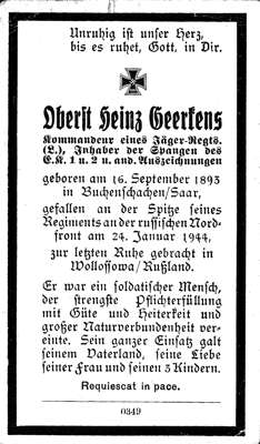 Sterbebildchen Oberst Heinz Geerkens *16.09.1893 †24.01.1944