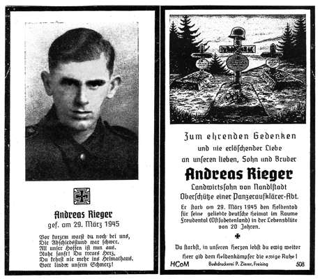 Sterbebildchen Andreas Rieger *1925 †29.03.1945