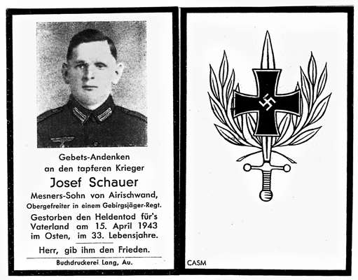 Sterbebildchen Josef Schauer *1910 †15.04.1943