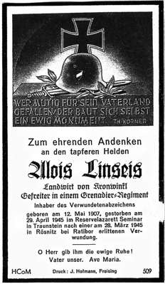 Sterbebildchen Alois Linseis *12.05.1907 †29.04.1945