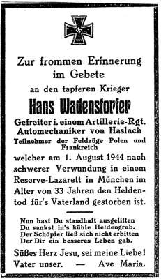 Sterbebildchen Hans Wadenstorfer *1911 †01.08.1944