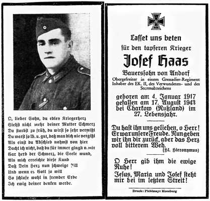 Sterbebildchen Josef Haas *04.01.1917 †17.08.1943