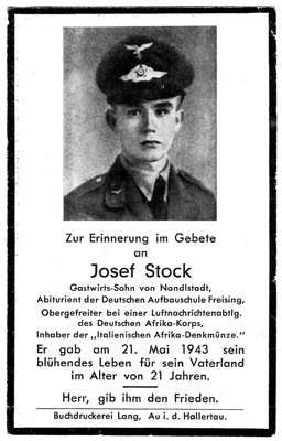 Sterbebildchen Josef Stock *1922 †21.05.1943