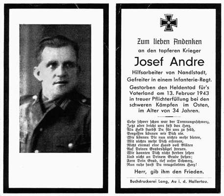 Sterbebildchen Josef Andre *1909 †13.02.1943