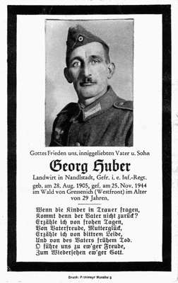 Sterbebildchen Georg Huber *28.08.1905 †25.11.1944