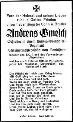 Sterbebildchen Andreas Gmelch *1922 †08.02.1945