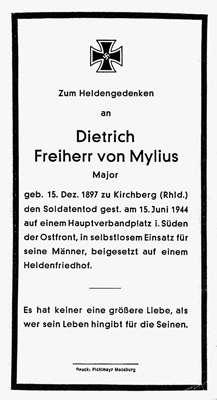 Sterbebildchen Dietrich Freiherr von Mylius *15.12.1897 †15.06.1944