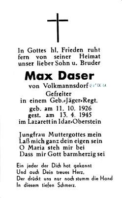 Sterbebildchen Max Daser *11.10.1926 †13.04.1945