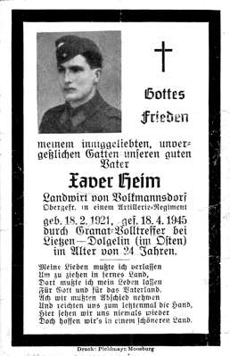 Sterbebildchen Xaver Heim *18.02.1921 †18.04.1945