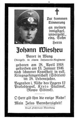 Sterbebildchen Johann Wiesheu *28.04.1918 †13.01.1946