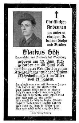 Sterbebildchen Markus G�tz *13.06.1925 †30.06.1946