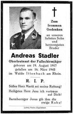 Sterbebildchen Andreas Stadler *19.08.1917 †16.03.1945