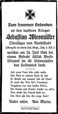 Sterbebildchen Sebastian Wiesm�ller *1904 †24.07.1944