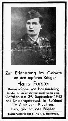 Sterbebildchen Hans Forster *1924 †29.09.1943