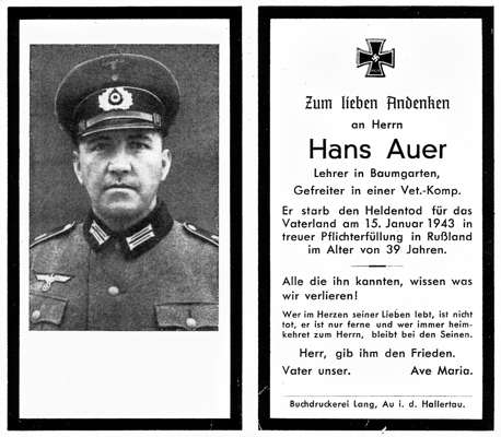 Sterbebildchen Hans Auer *1904 †15.01.1943